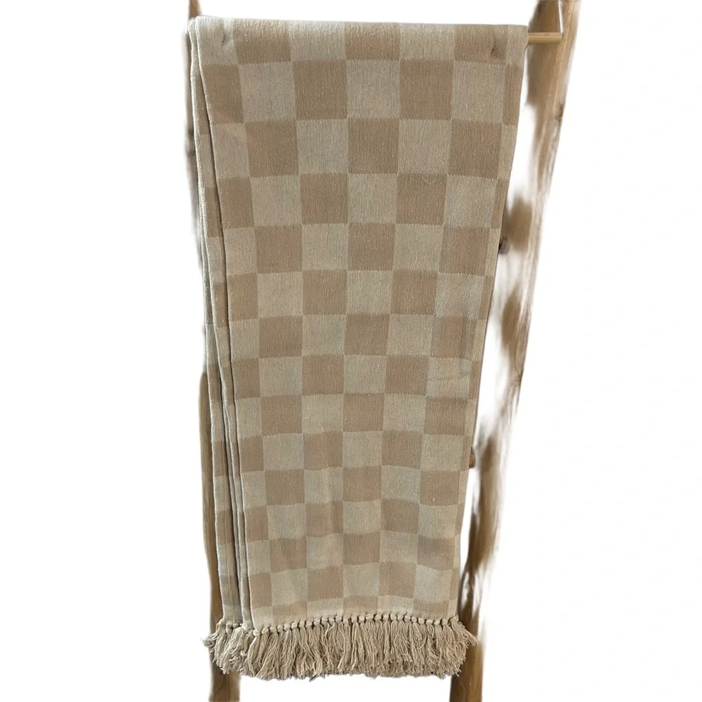Bungalow Studio Linen Co. Tan Checkerboard Boho Throw Blanket - NWT